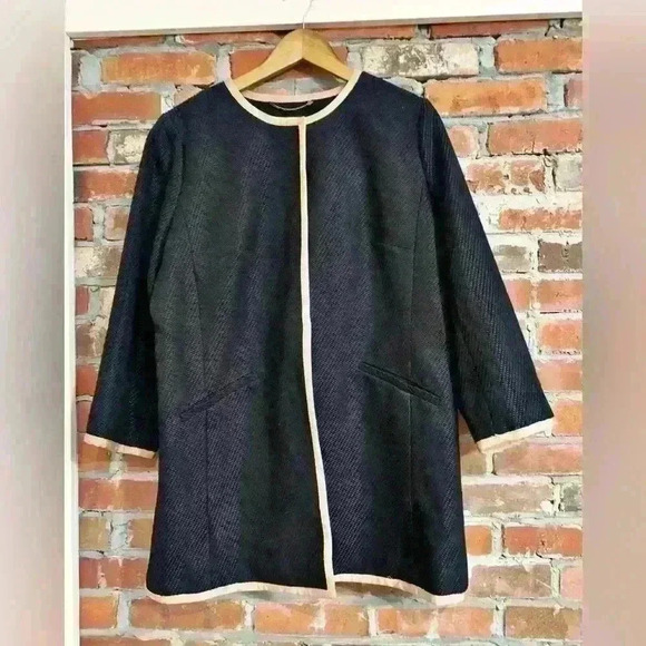 Talbots Long Black Jewel Neck Camel Trim Lined Jacket size 14 Petite - Picture 1 of 8